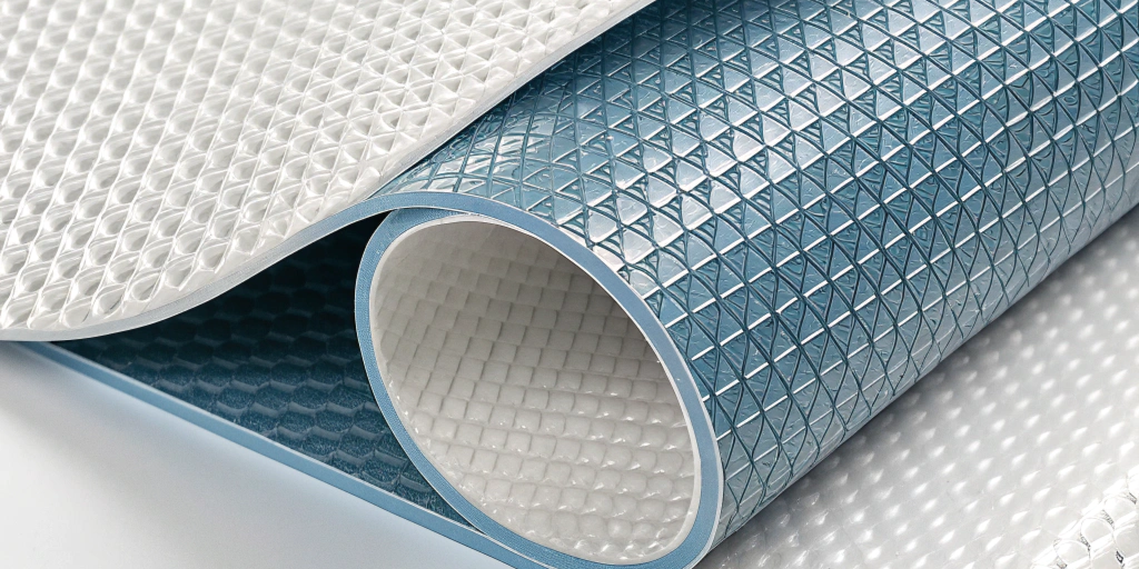 Rouleau de membrane PVC armée pour piscine montrant la texture en relief et la structure multicouche du revêtement.