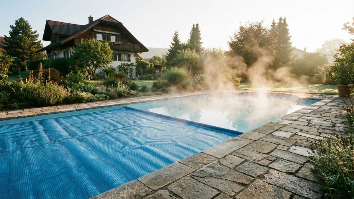 Piscine avec couverture thermique.