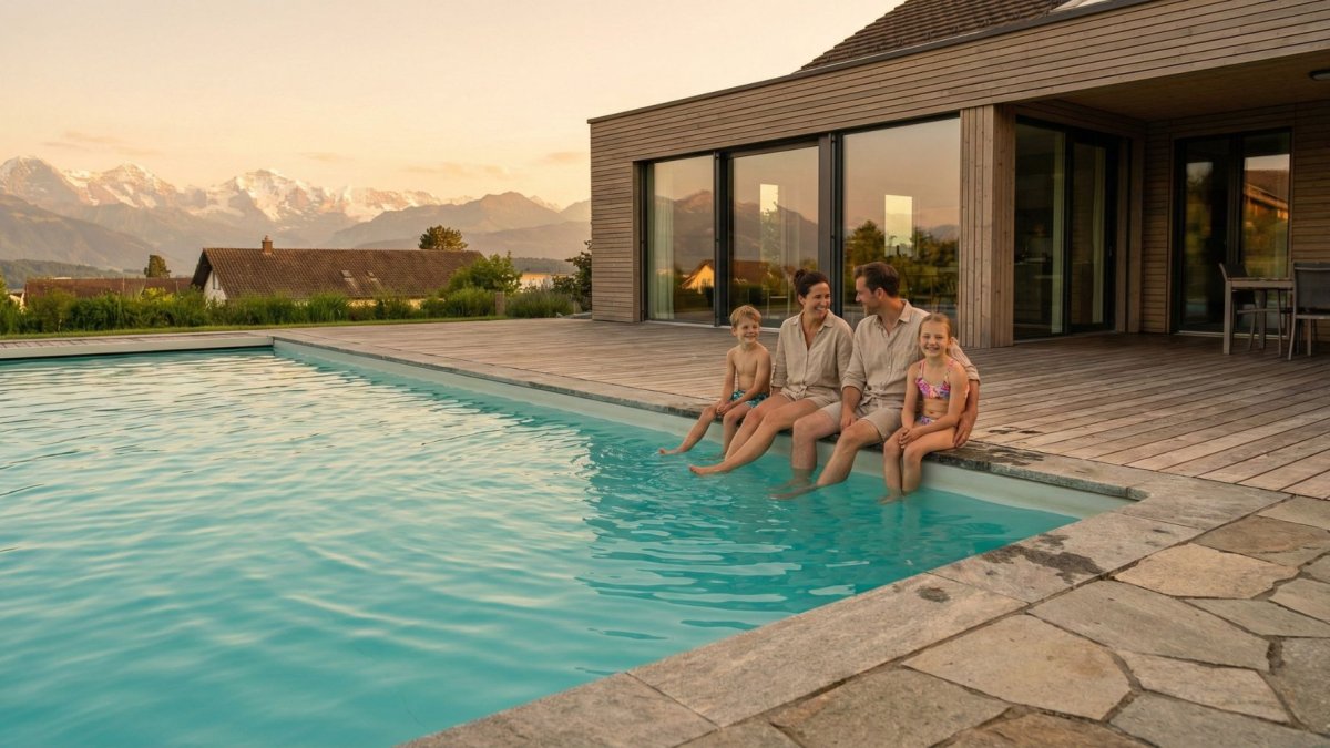 Famille Suisse au bord d'une piscine.