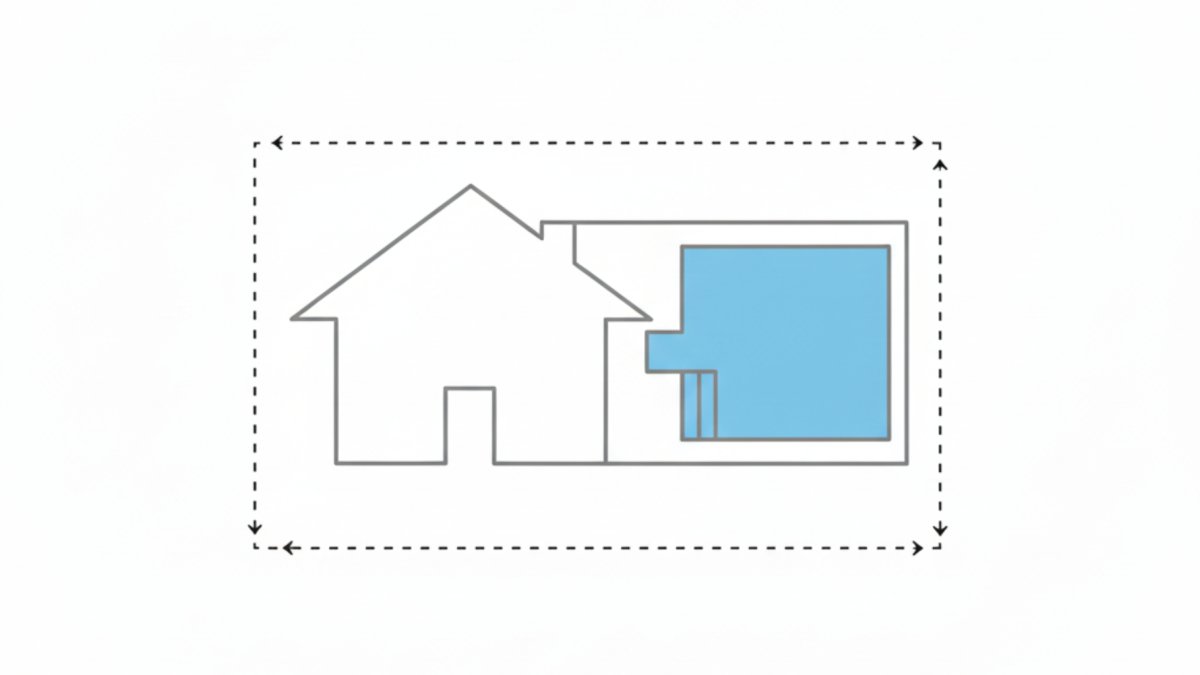 Illustration minimaliste vue de dessus d'une maison grise et d'une piscine bleue, avec des lignes pointillées représentant les limites de propriété.