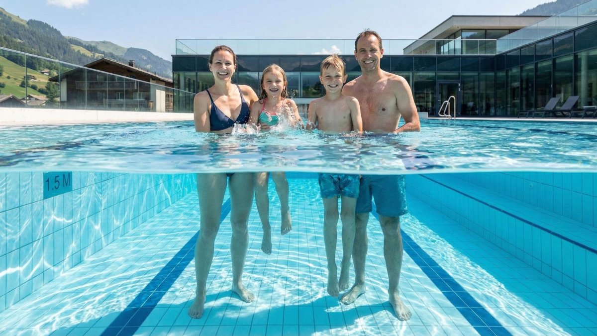 Famille se baignant dans une piscine de 1,50m de profondeur.