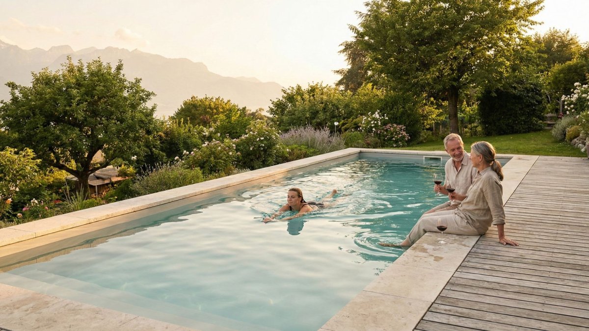 Couple de personnes âgées au bord d'une piscine regardant leur enfant adulte nager.