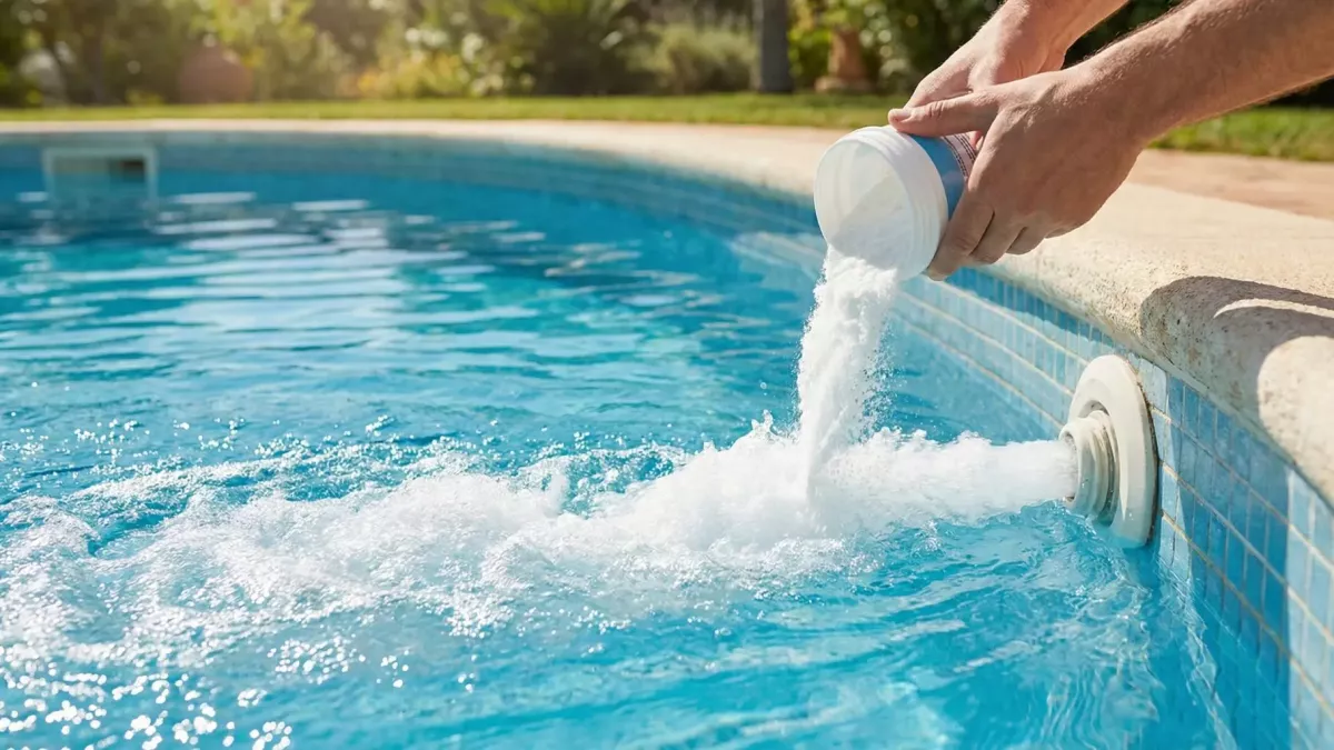 Mains versant de la poudre blanche (bicarbonate) dans l'eau d'une piscine.