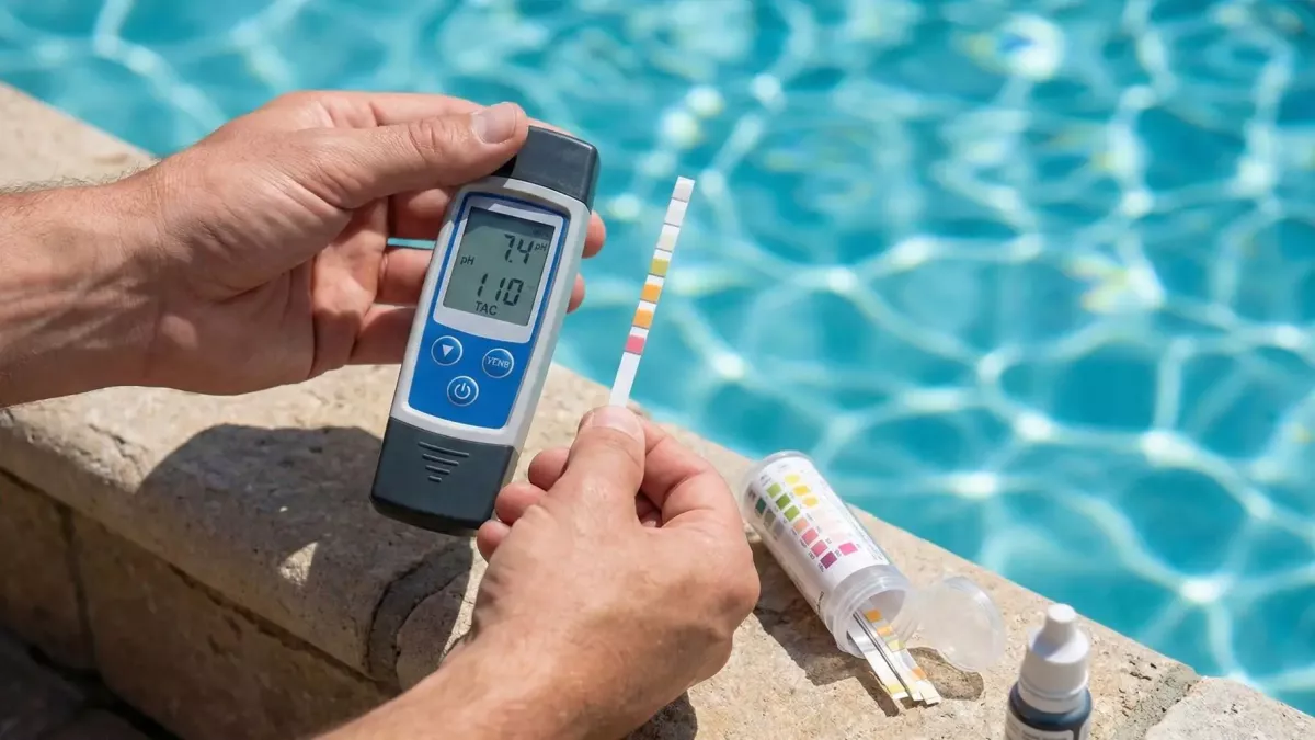 Analyse de l'eau d'une piscine avec un testeur numérique (pH 7.4) et une bandelette réactive.