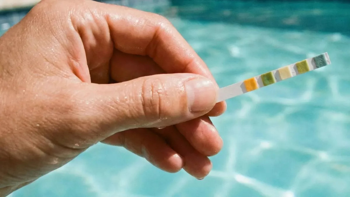 Gros plan d'une main tenant une bandelette de test d'eau devant une piscine.