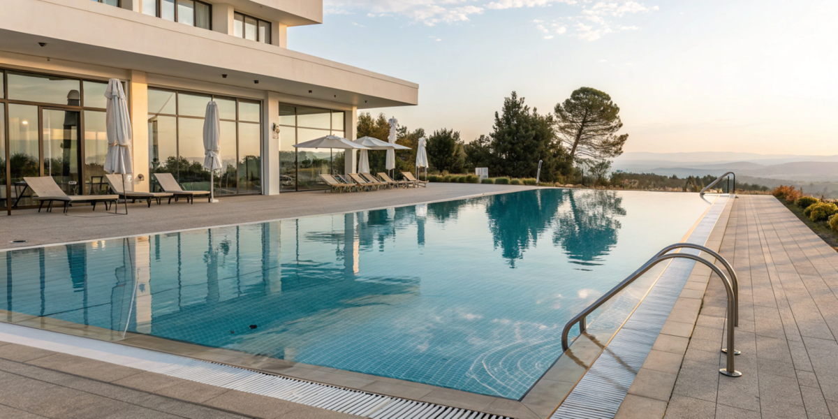 Piscine à débordement d'hôtel moderne avec vue panoramique, eau turquoise et terrasse aménagée.