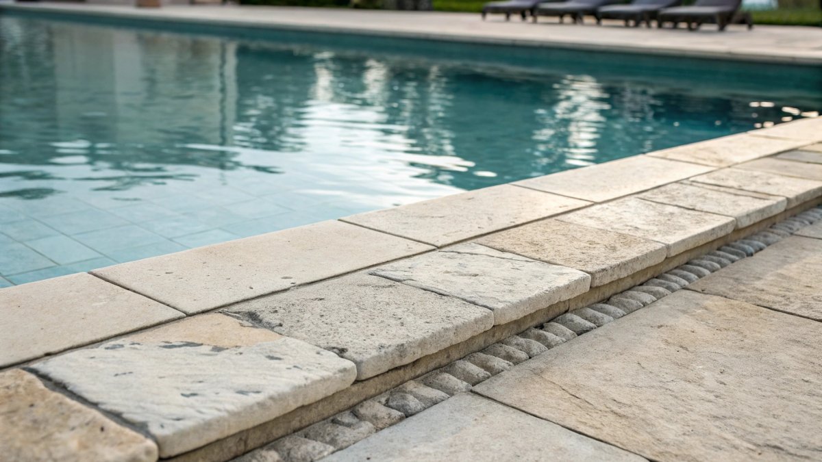 Margelles en pierre naturelle au bord d'une piscine avec eau turquoise