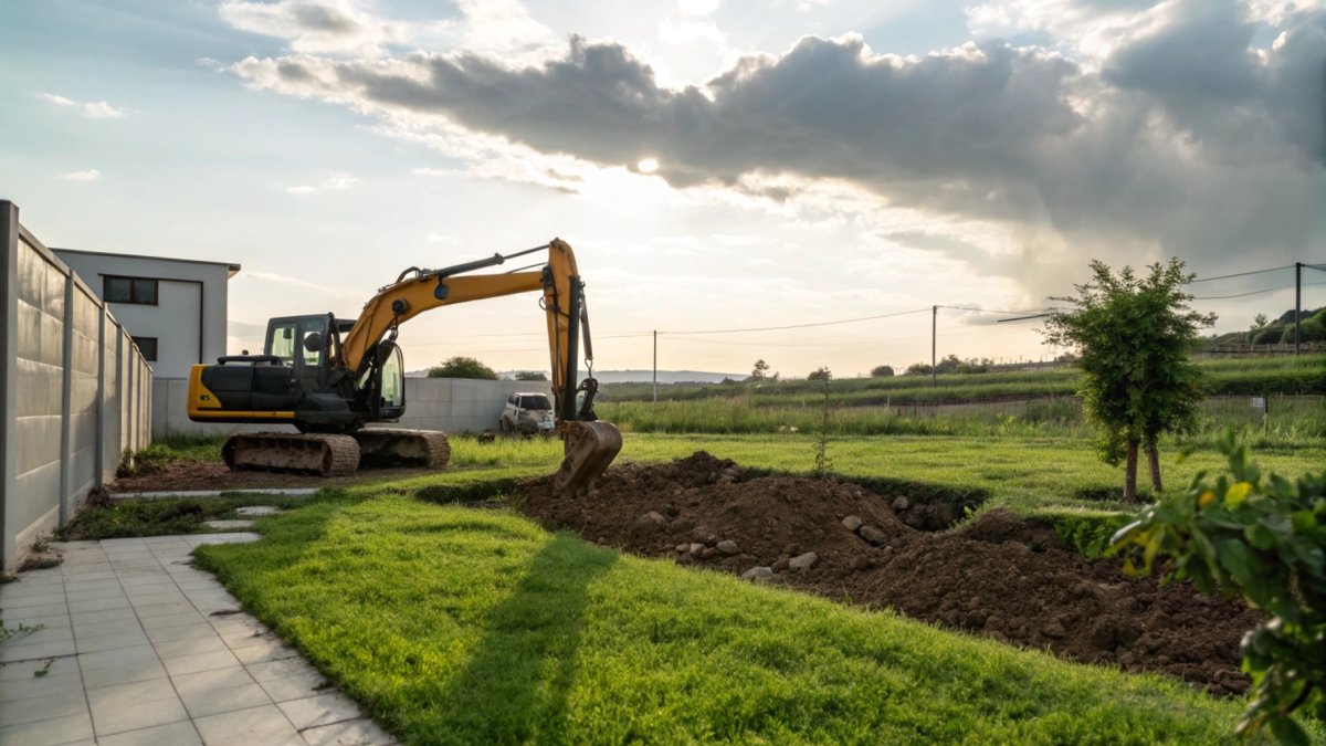 Pelleteuse excavant un terrain pour construction de piscine dans un jardin résidentiel