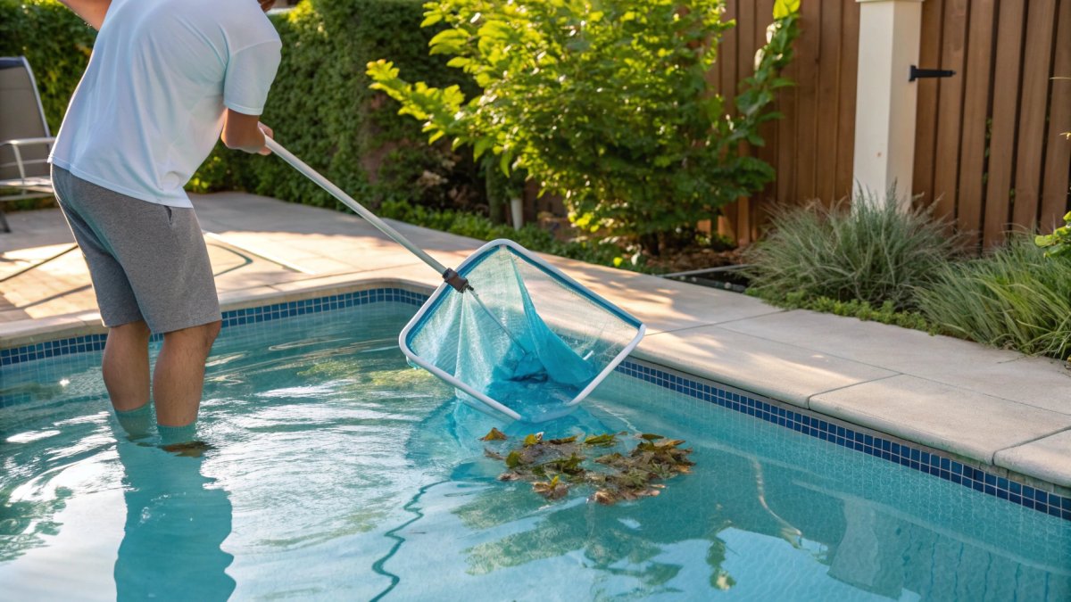 Nettoyage d'une piscine avec une épuisette pour retirer les feuilles et débris.
