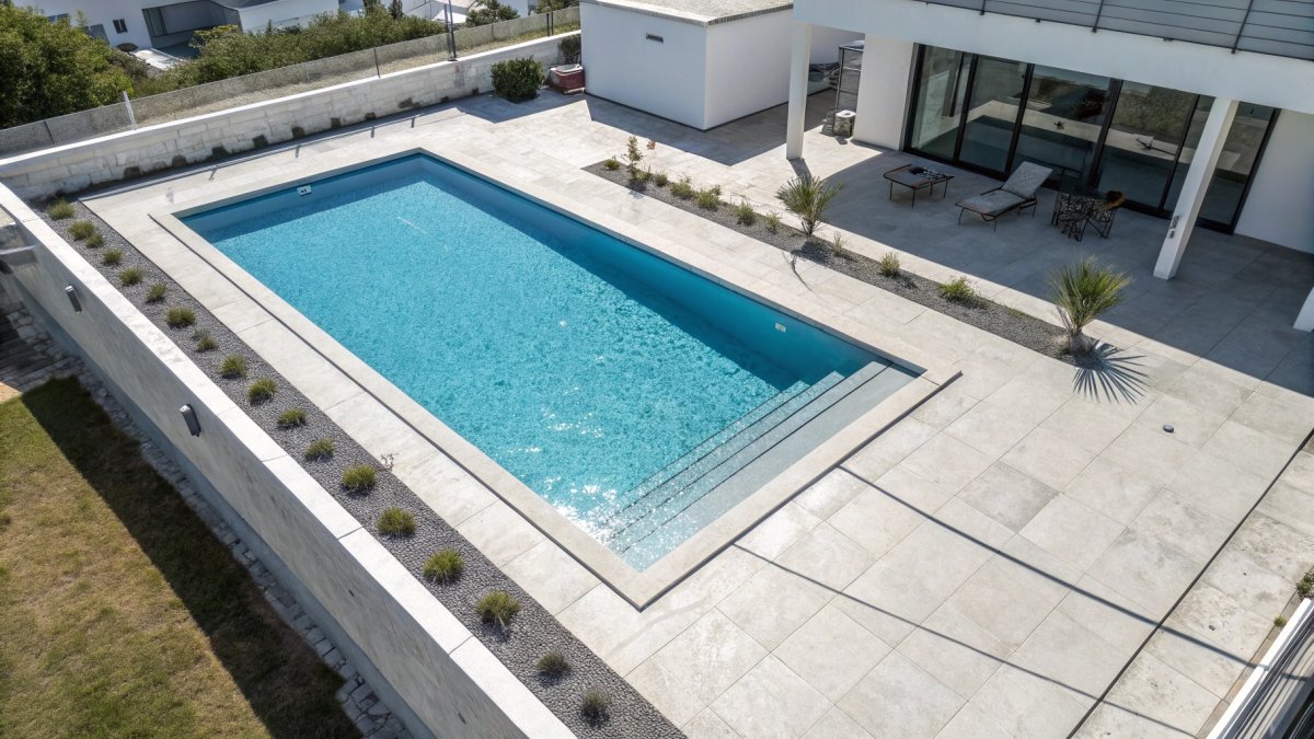 Piscine rectangulaire moderne avec escalier intégré et terrasse en pierre claire