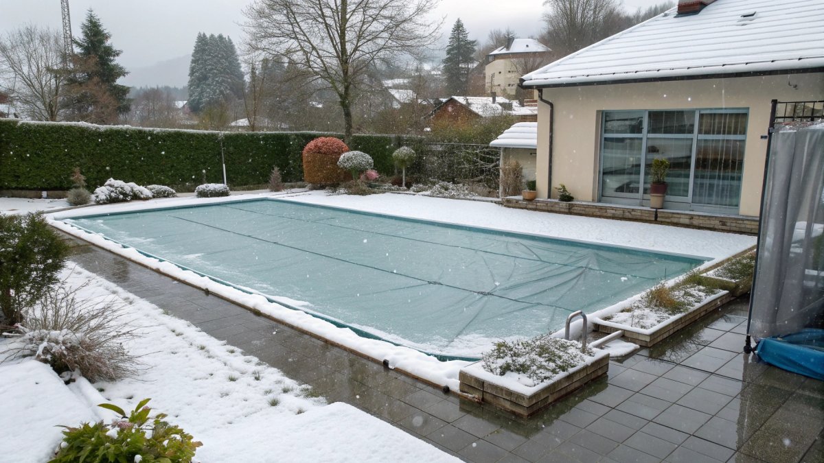 Piscine résidentielle couverte d'une bâche d'hivernage sous la neige.