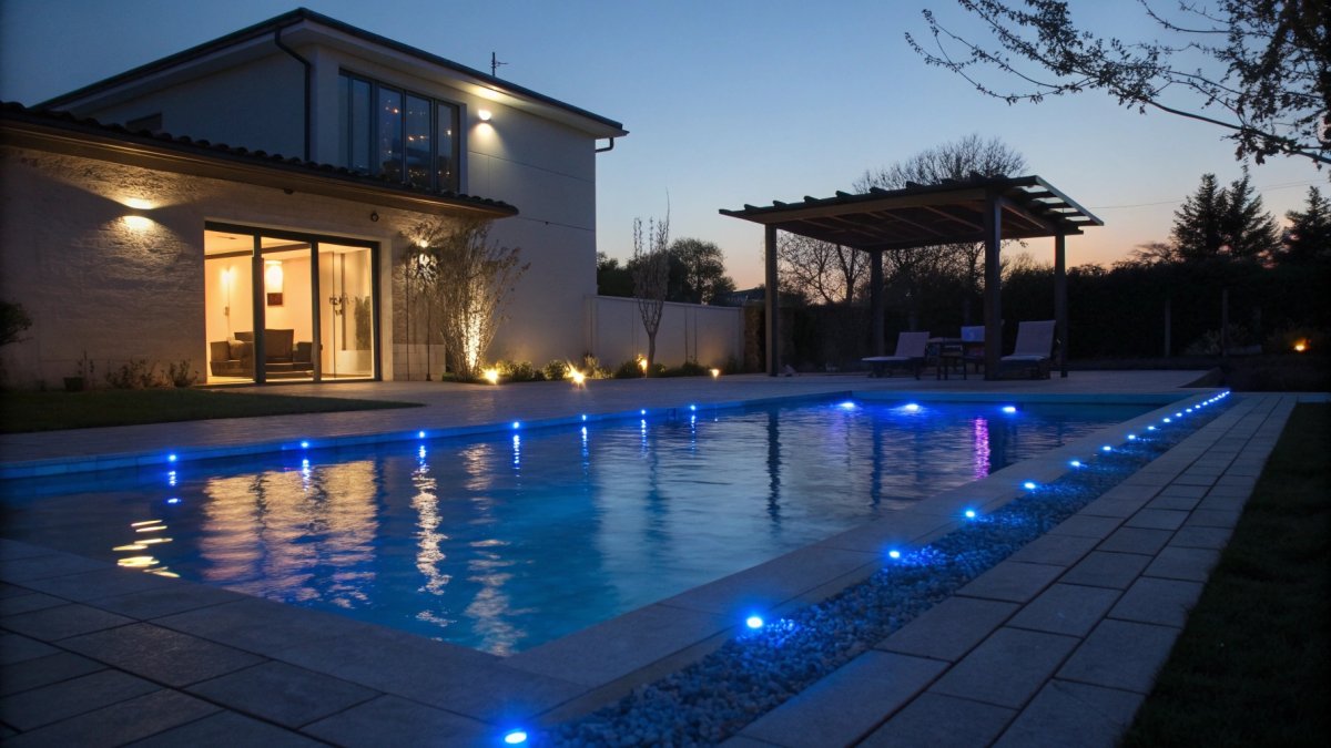 Piscine avec éclairage LED bleu en soirée, maison moderne et pergola en arrière-plan